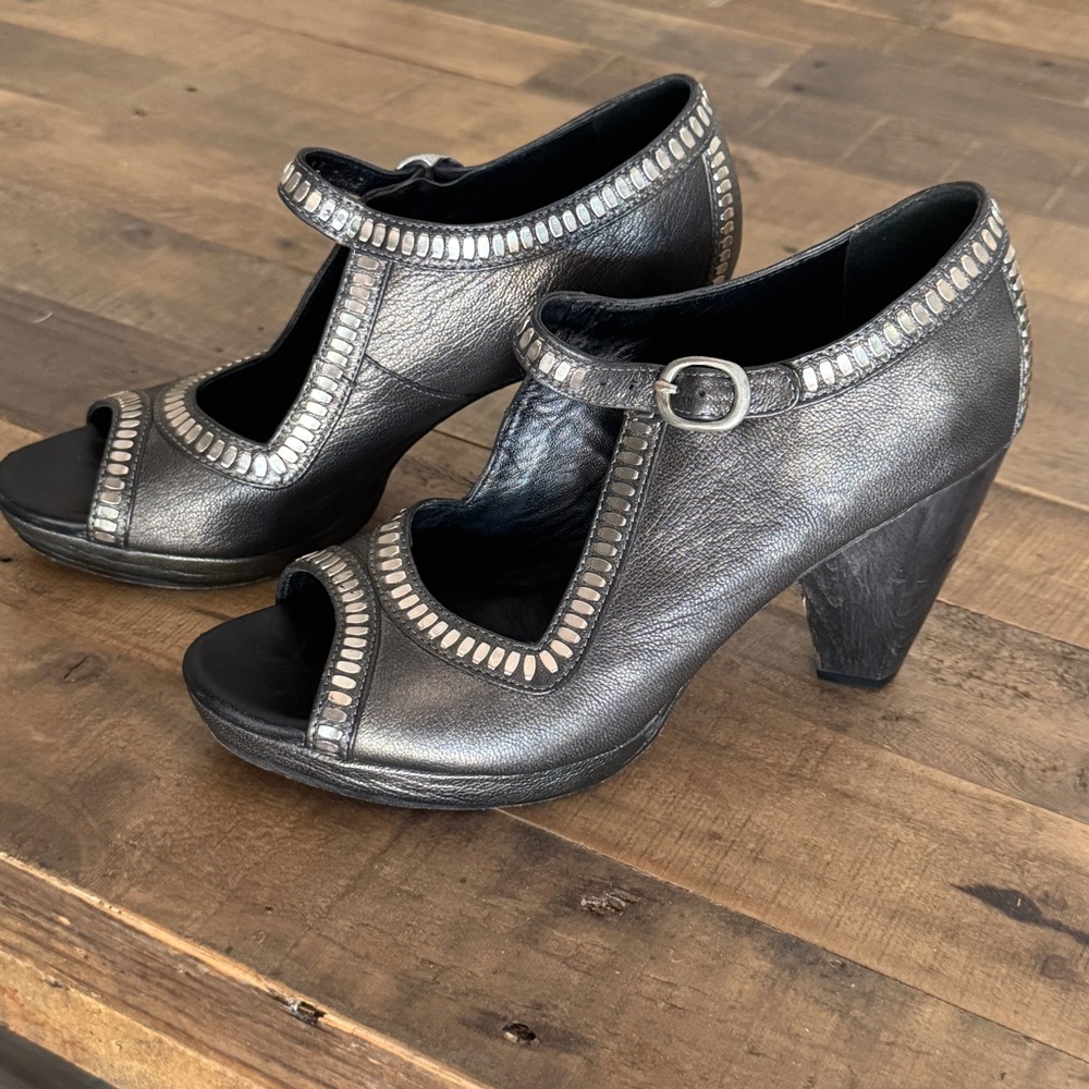 CalleenCordero Dark Gray Studded Leather Peep Toe Mary Jane Heels Sz 9